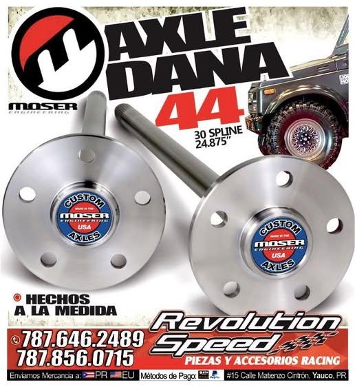 Moser Axle Dana 44 axle with Revolution Speed branding on a promotional poster.
