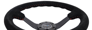 NRG Reinforced Steering Wheel (350mm / 3in. Deep) Blk Suede/Red BBall Stitch w/5mm Matte Blk Spokes