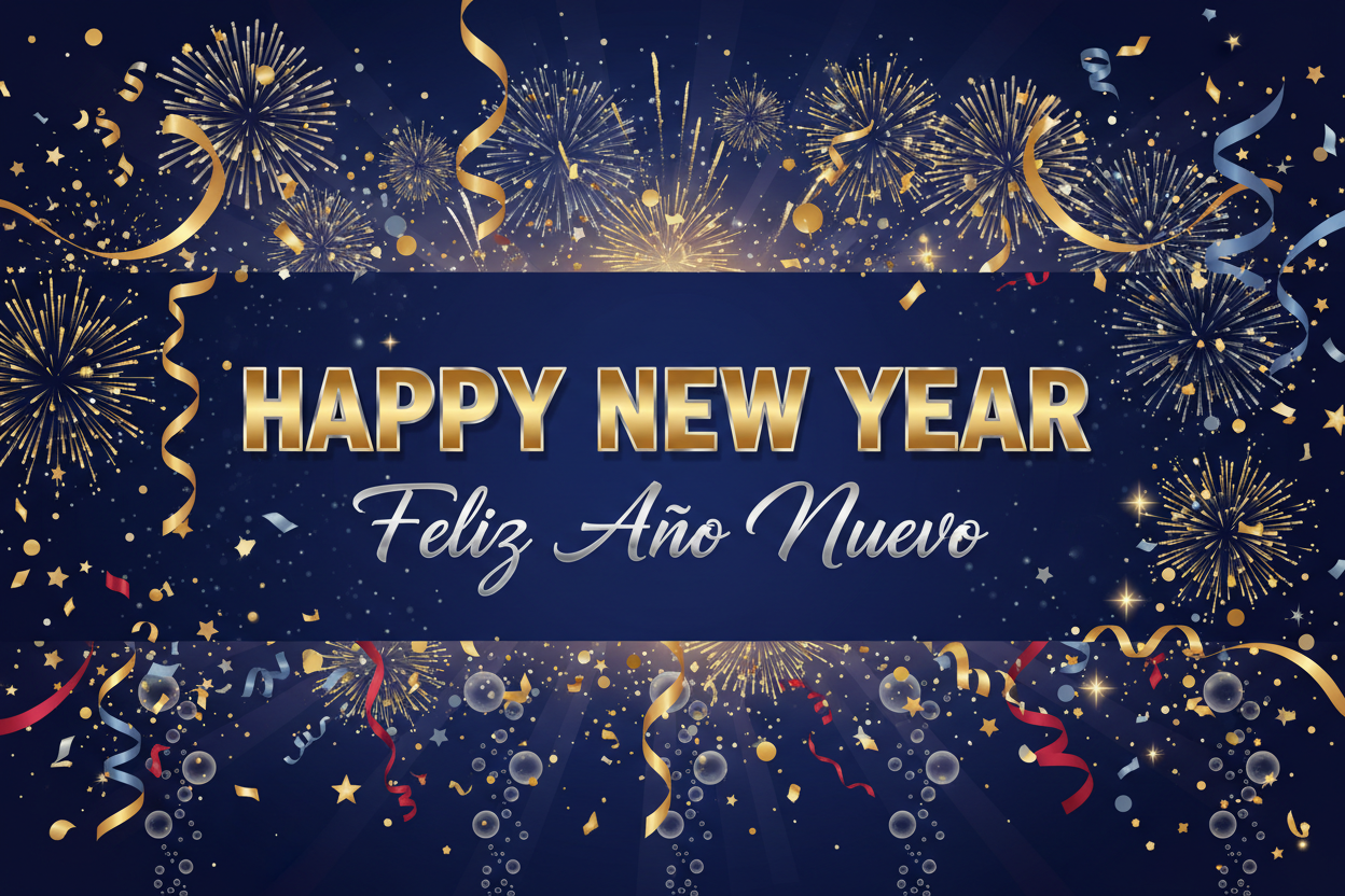 A wide image that says Happy New Year and under that it says Feliz Año Nuevo.  Make it festive