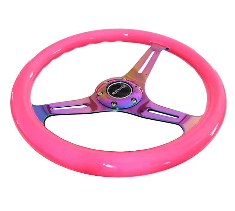 NRG Classic Wood Grain Steering Wheel (350mm) Neon Pink Painted Grip w/Neochrome 3-Spoke Center