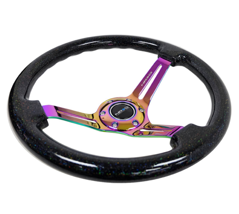 NRG Reinforced Steering Wheel (350mm / 3in. Deep) Blk Multi Color Flake w/ Neochrome Center Mark