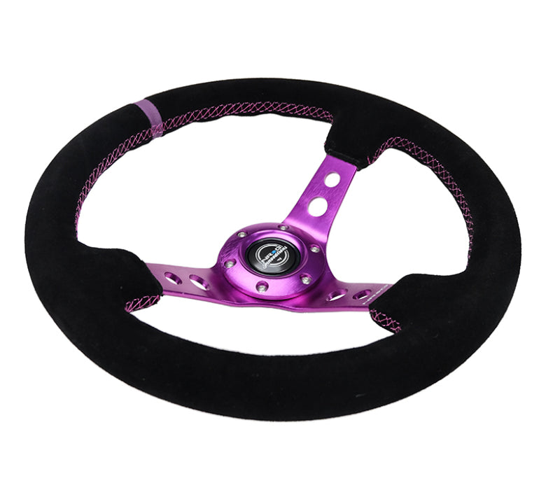 NRG Reinforced Steering Wheel (350mm / 3in. Deep) Black Suede w/Purple Center & Purple Stitching