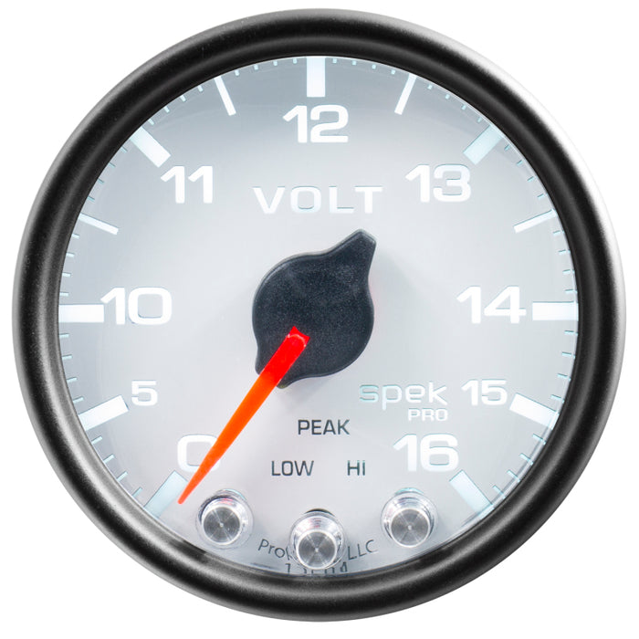 Autometer Spek-Pro Gauge Voltmeter 2 1/16in 16V Stepper Motor W/Peak & Warn Wht/Blk