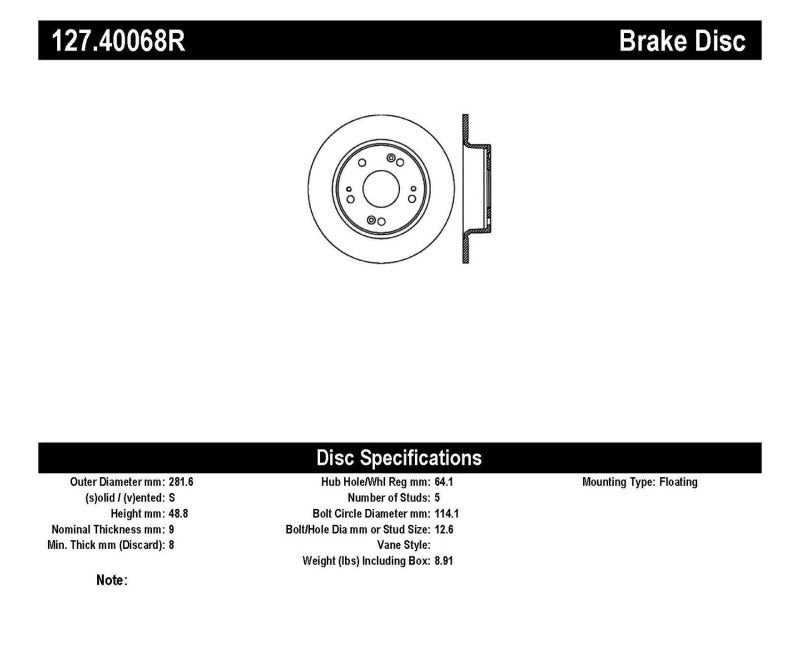 StopTech 09-10 Acura TSX / 08-10 Honda Accord Coupe/05-10 Sedan Right Rear Slotted & Drilled Rotor