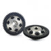 A pair of Skunk2 K Series Pro Series Cam Gears, one with a visible laser-etched timing mark and the other showing a six-bolt design, both in black.