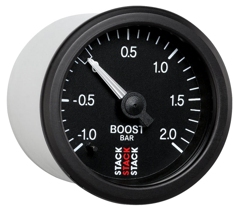 Autometer Stack 52mm -1 to +2 Bar T-Fitting 0.187in Barb (M) Mechanical Boost Pressure Gauge - Black