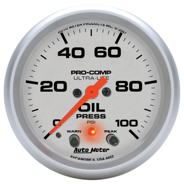 Autometer Ultra-Lite 66.7mm Oil Press 2 5/8in 100PSI Digital Stepper Motor w/ Peak & Warning Light