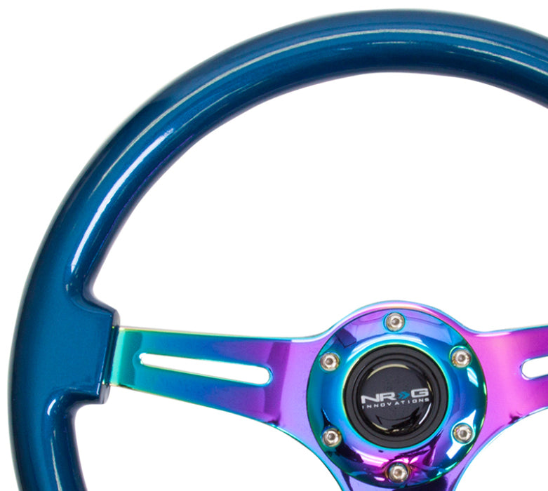 NRG Classic Wood Grain Steering Wheel (350mm) Blue Pearl/Flake Paint w/Neochrome 3-Spoke Center